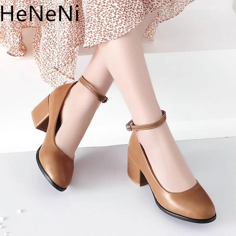 

Fashion Women Pumps Ladies Ankle strap Buckle High Heels Round Toe Thick heel Shoes sapato feminino Office Lady High Heels 32-45