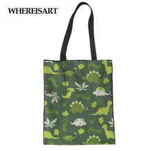 WHEREISART динозавр печать холщовая женская сумка через плечо сумка мультфильм шоппинг студенческие школьные сумки для девочек пользовательские складные