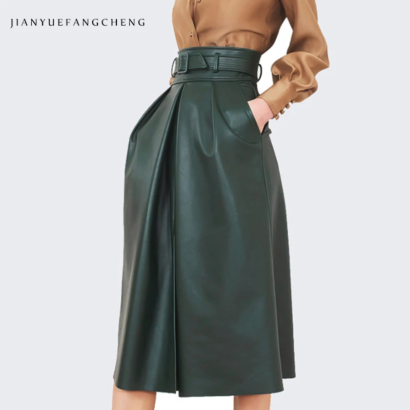 Модная юбка из искусственной кожи женская с высокой талией размера плюс трапециевидные юбки с ремнем и карманами Весна Осень Корейская женская длинная юбка