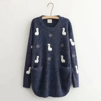 

Hot Sale Women Cute Animal Thin Knitwear Casual Cartoon Embroidered Knitted Pullovers Girl Pockets Loose Sweaters