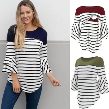 

Maternity Clothes Women Pregnant Nusring Pagoda Sleeve Striped Tops Breast Feeding T-shirt Lactancia Summer Casual Clothing 2019