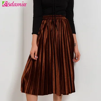 

Europe Streetwear Velvet Pleated Skirts Women Elastic High Waist Midi Skirt All Matched Ladies Vintage Skirt 9 Colors Available