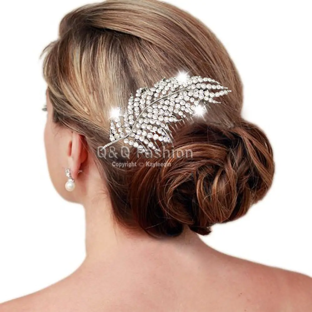 1920s Gatsby Diamante Feather Leaf Bridal Prom Hair Pin Clip Dress