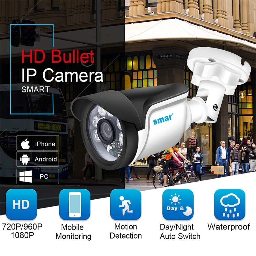 Цилиндрическая IP камера Smar H.264 720P 960P 1080P наружная/внутренняя видеонаблюдения 24