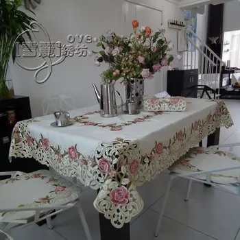 

Beautiful rustic fashion quality embroidery fabric dining table cloth tablecloth cutout cover towel pink rose