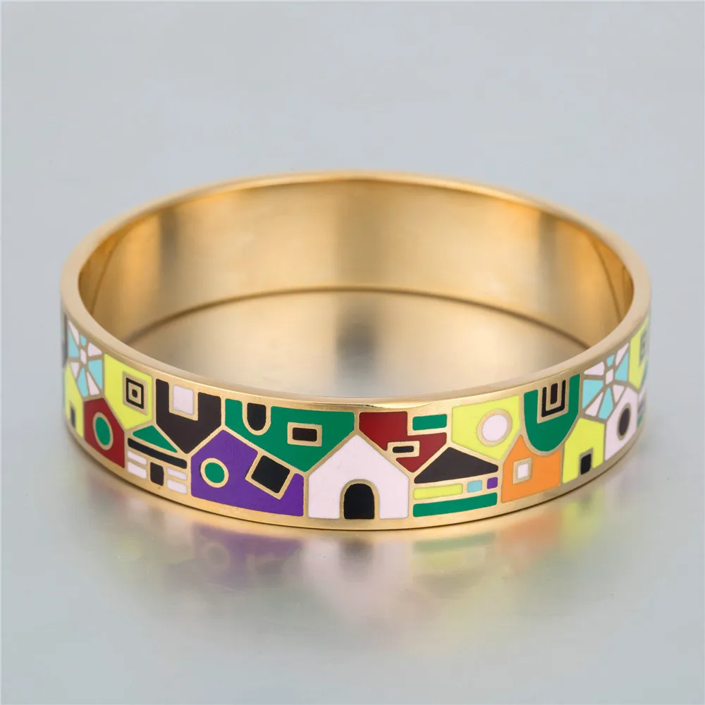 

Ethnic Jewelry Filled Color Enamel Ceramic Bangle Stainless Steel Pretty Patterns Bracelets for Mother Gift 16mm Width