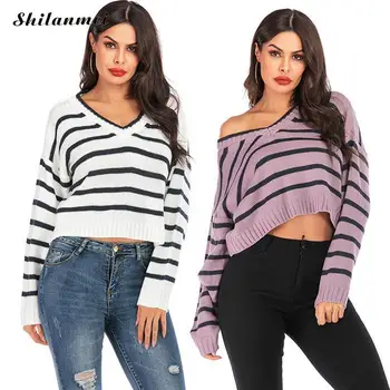 

2019 Autumn Women Sweater Striped Crop Top Knitted Pullovers Long Sleeve Spring Fashion Streetwear Causal Sweater Female Jumper