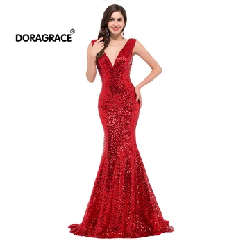 

Doragrace Deep V-Neck Floor-Length Mermaid Evening Dress Long Evening Gowns Plus Size Sequins Prom Dresses