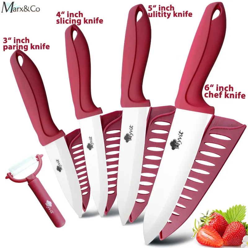 Керамический нож 3, 4, 5, 6 дюймов, кухонные ножи, набор кухонных ножей с белым лезвием, нож для очистки овощей, керамические ножи для нарезки овощей с овощечисткой - Цвет: 3456 RED