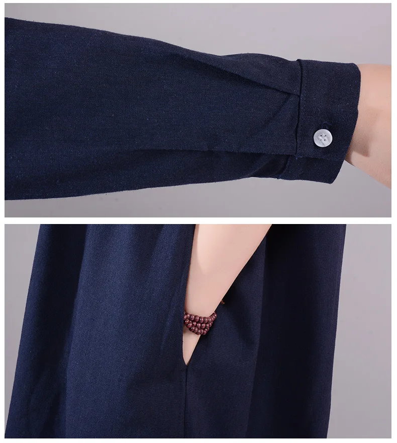 9521 Oversize Dresses Women Long Sleeve Elegant Loose Casual Dress Large Size Solid Button Vintage Cotton Linen Dress Vestidos Mujer 11
