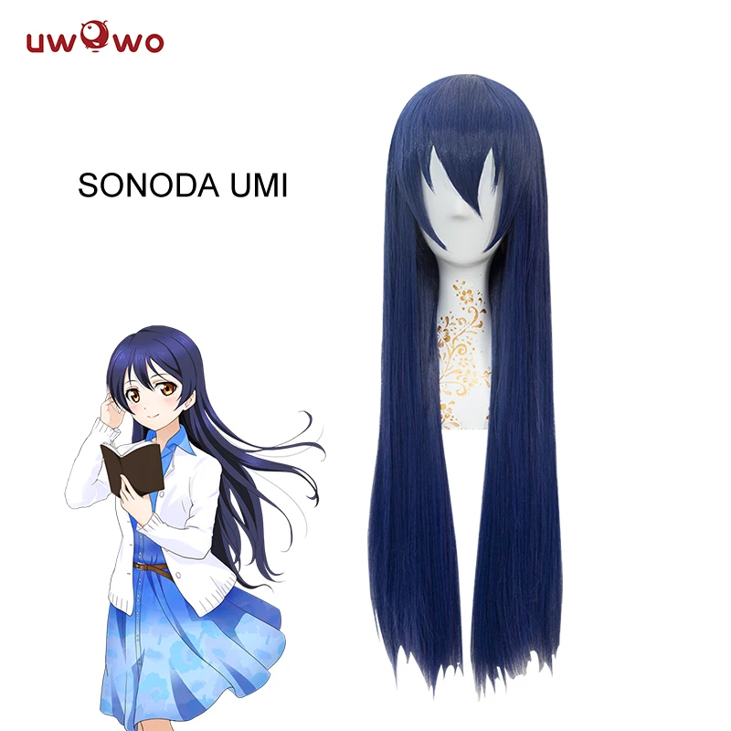 UWOWO парик с Уми Сонода Love Live Hair 80 см длинные синие прямые термостойкий LoveLive Umi |