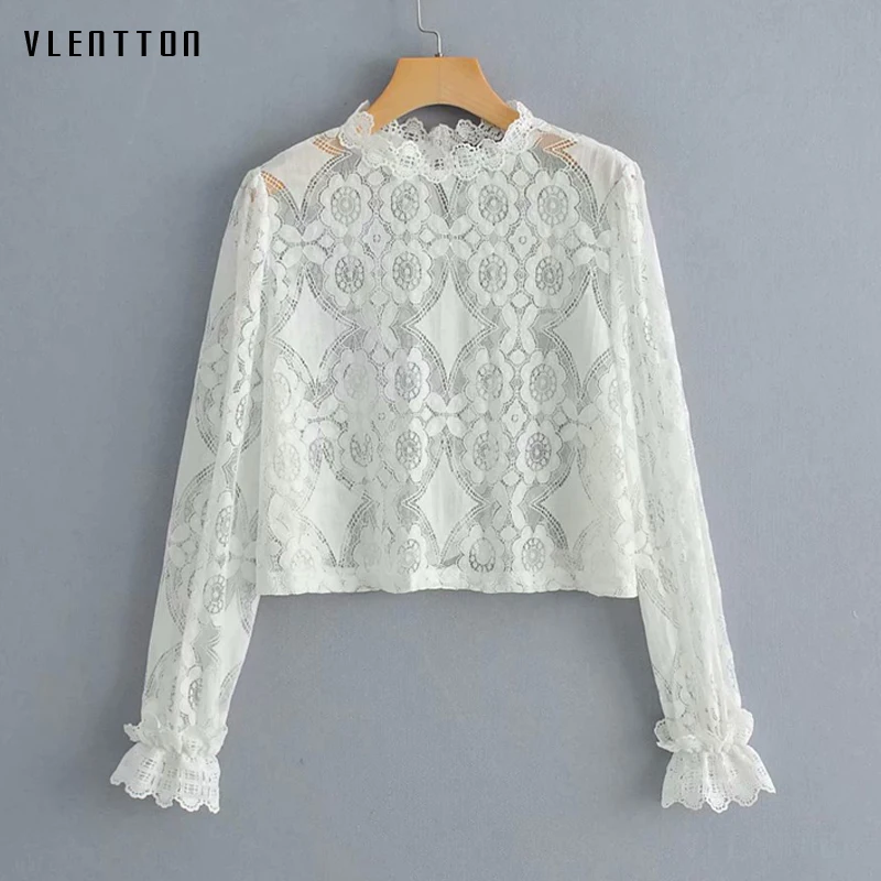 

2019 New Elegant Lace Blouse Women hollow petal sleeve Short Women Shirt Tops Spring summer Casual loose Mesh White Blouse