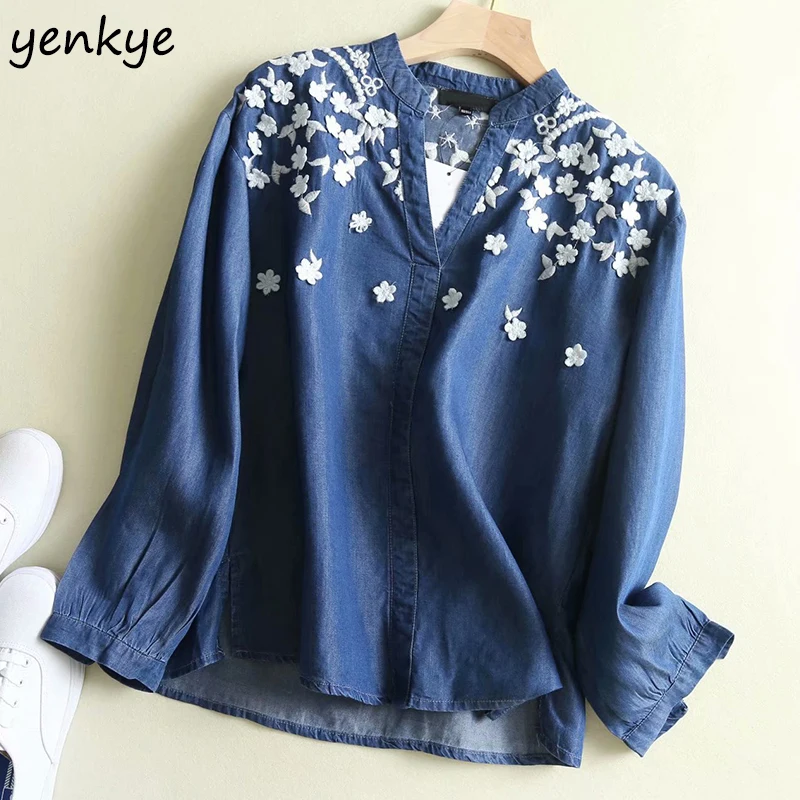 Лето 2019 г. цветочной вышивкой джинсовая ткань Tencel женская рубашка блузка с