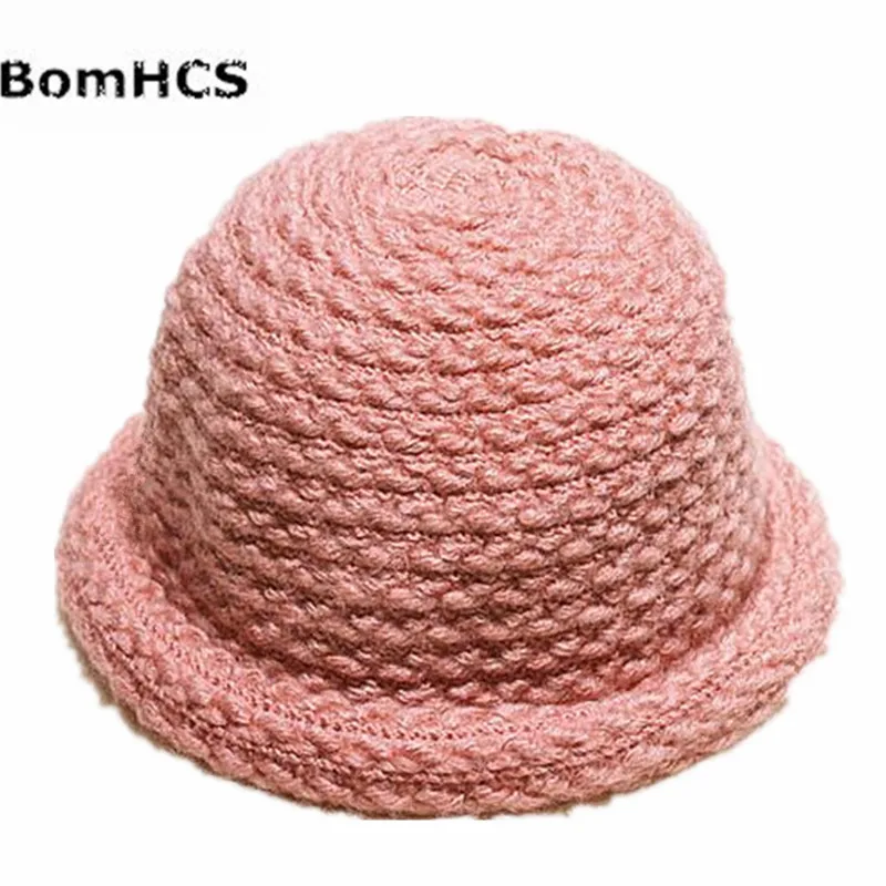 BomHCS Милая женская шляпа с округлыми полями, осенне-зимняя теплая вязаная шапка ручной работы, Рыбацкая шляпа шляпка для официальных мероприятий - Цвет: Розовый