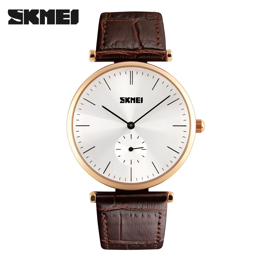 

2017 Super slim Quartz Casual Wristwatch Business SKMEI Brand Genuine Leather Analog Quartz Watch Men's Sports Wristwatches New