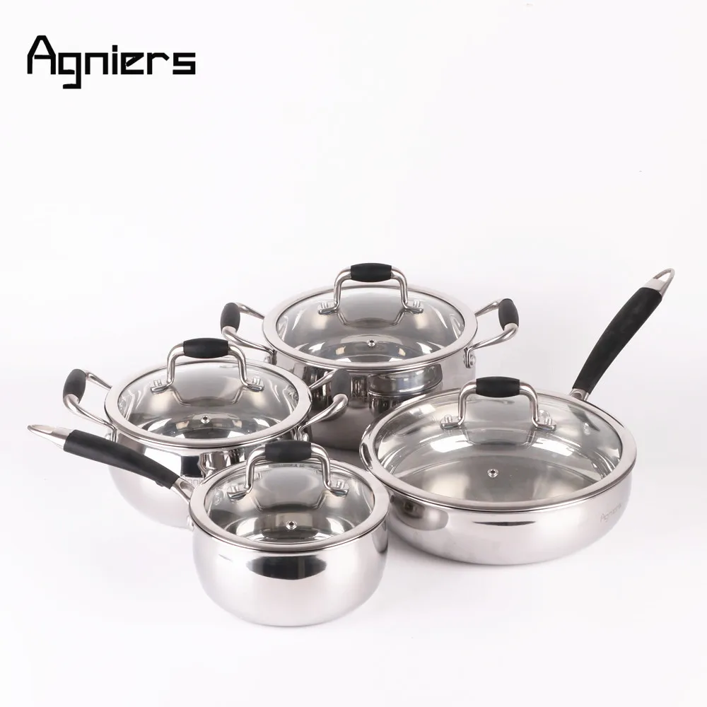 Agniers 4 кастрюли 8 шт. светильник серебро Нержавеющая сталь набор посуды со стеклянной крышкой два супа кастрюля+ соус кастрюля+ Saute кастрюля