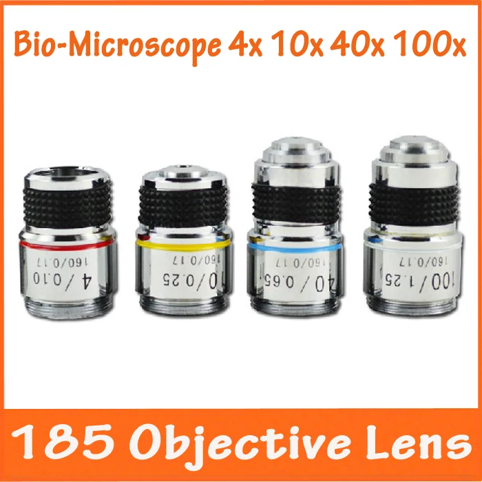 4X 10X 40X 100X 4pcs Optical Biological Microscope L=185 Achromatic Precision Copper Objective Lens with thread mouning 20.14mm |