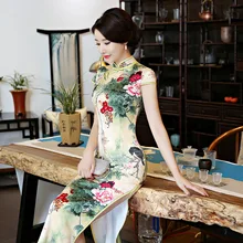 New short sleeve long dress Qipao Silk Chinese Dress chinese style elegant cheongsam dress new red embroidery flower female modern cheongsam elegant mandarin collar chinese style dress cotton long sleeve qipao l xxl