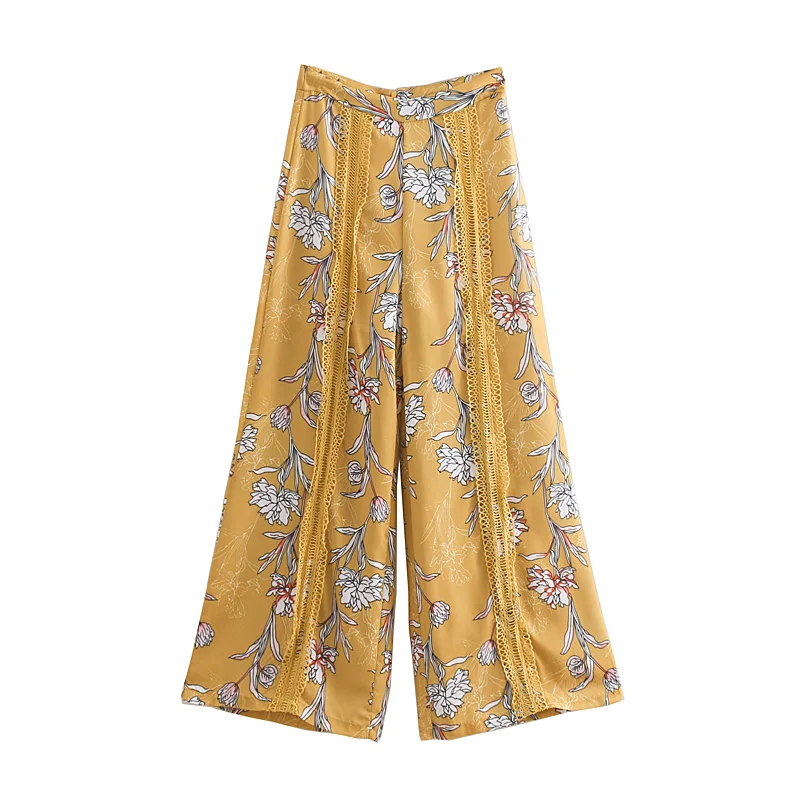 

Boho Chic Vintage Floral Print Flare Pants Women New Vestidos Hollow Lace Zipper Fly Full Length Trousers Beach Pantalon Mujer