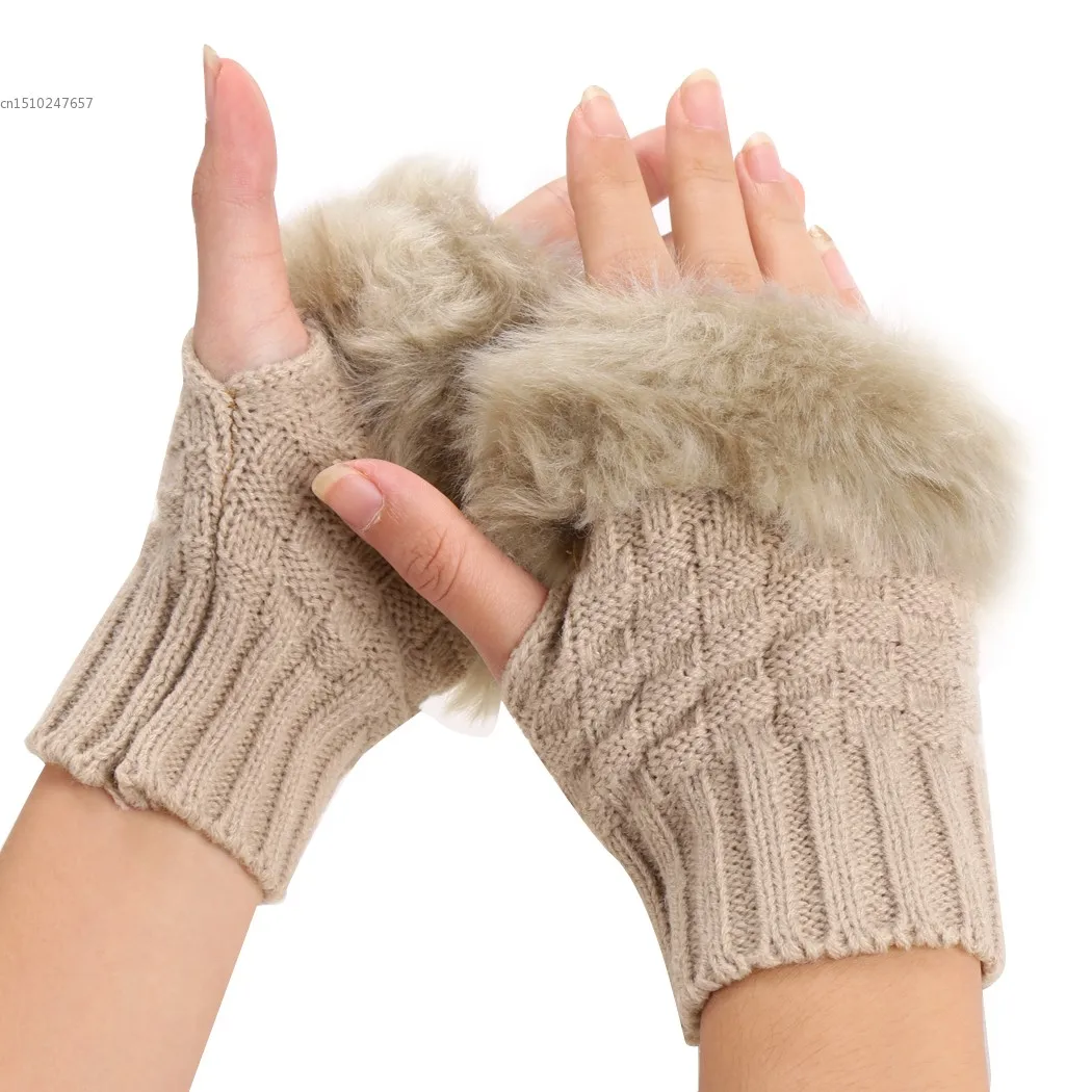 Hot Sale Winter faux fox Fur fingerless Gloves Women Knitted Wrist