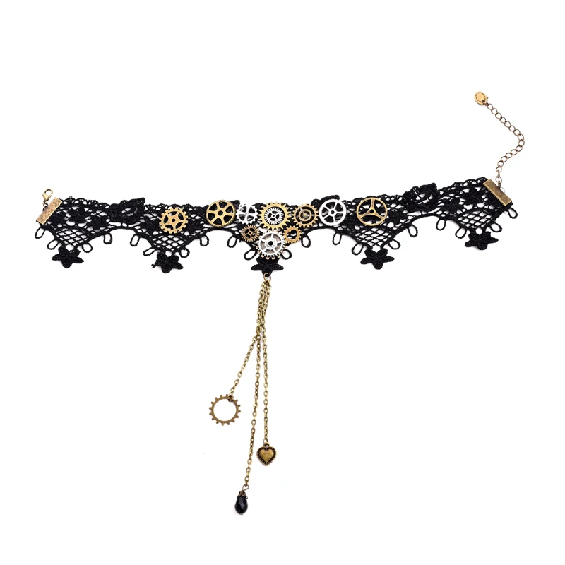 

Elegant Black Lace and Metal Gears Chains Women`s Steampunk Choker Lace Necklace Jewelry Retro Gothic Gear Accessories