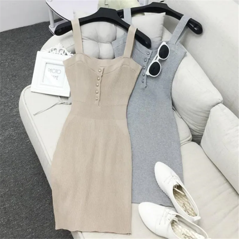 

Summer Autumn Women Knitted Dress Sexy Slash Neck Solid Spaghetti Strap Dress Female Sleeveless Knitting Dresses Vestidos RH943