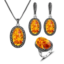 La antigüedad de La Joyería Negro Rhinestone Y Oval Faux Ámbar Colgante de Conjuntos de Collar de Joyería de La Manera Fijaron Para Las Mujeres Plateadas Plata de La Vendimia