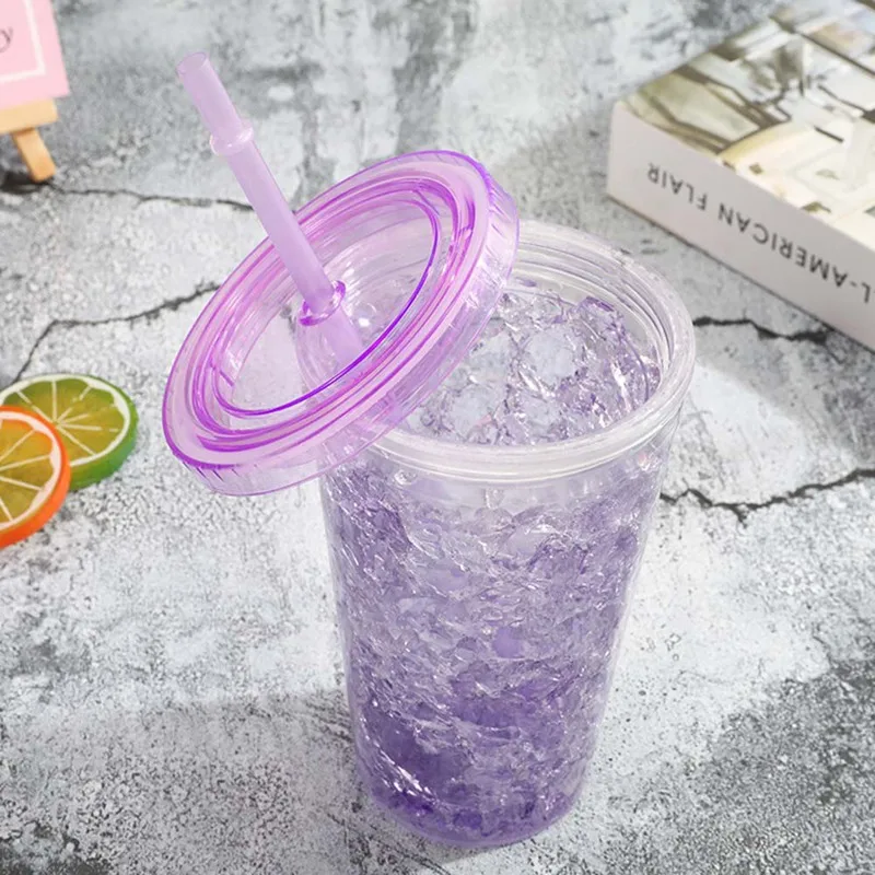 

450ml Summer Double-walled Ice Cold Drink Coffee Juice Tea Cup Reusable Smoothie Plastic Iced Tumbler Travel Mug With Straw