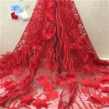 

High-end Nigerian 3D Applique Wedding Lace Fabric Latest African Laces French Net Lace Fabric With Beads&red For Dress white