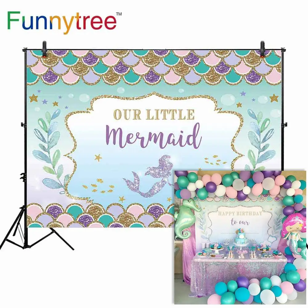 

Funnytree background for photo studio Mermaid theme birthday party cartoon colorful scale for children backdrop photocall prop