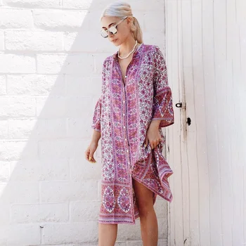 

Midi Tunic Three Quarter Bell Sleeve Dresses Women Button-up Chic Boho Casual Beach Casual Dress Vestido