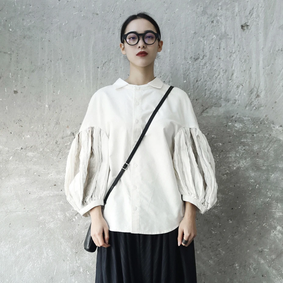 Женская рубашка с длинным рукавом фонариком из чистого хлопка|women white blouse|designer