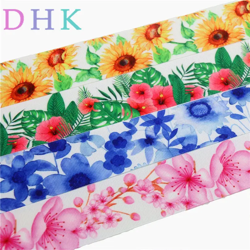 

DHK 1.5'' 5yards cherry flowers sunflowers printed grosgrain ribbon Accessory hairbow headwear DIY decoration 38mm C1374