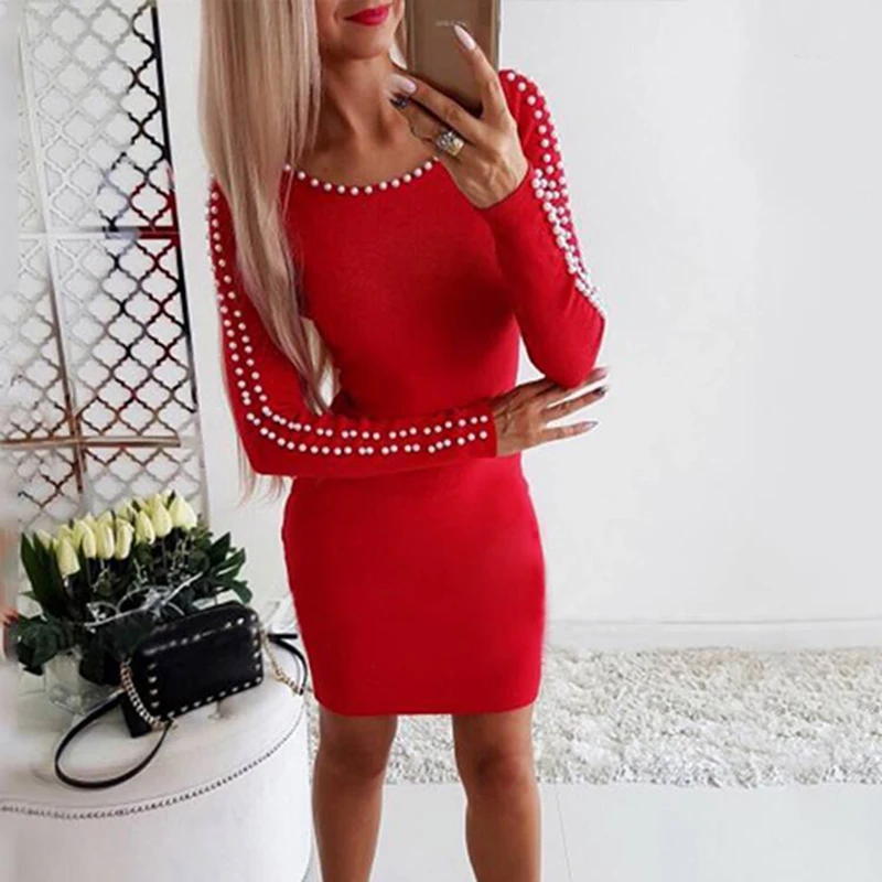 Women Autumn Winter Dress Pearls Beading Bodycon Mini Dress Woman Causal Long Sleeve Sweater Pullovers Pencil Dresses Vestidos