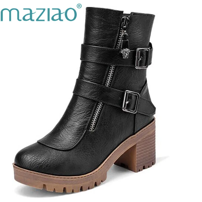 

MAZIAO 2018 Women Ankle Boots Zipper Design Fashion Square High Heel Round Toe All Match Ladies Motorcycle Boots Size 34-43
