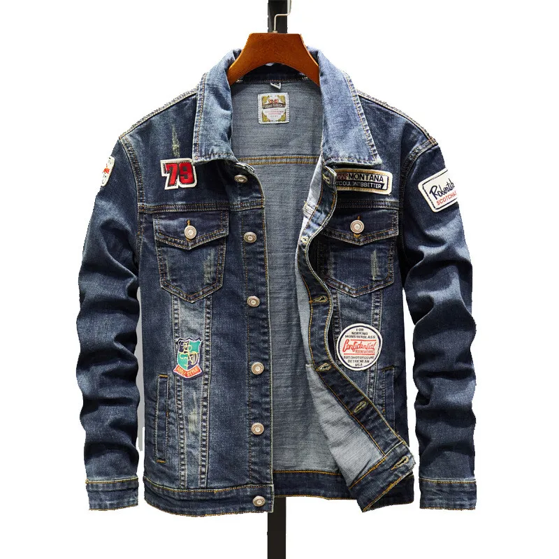 

MORUANCLE Men's Patched Denim Jackets New Fashion Jean Jacket Outerwear With Patchwork Washed Blue Size M-XXXLTurn Down Collar