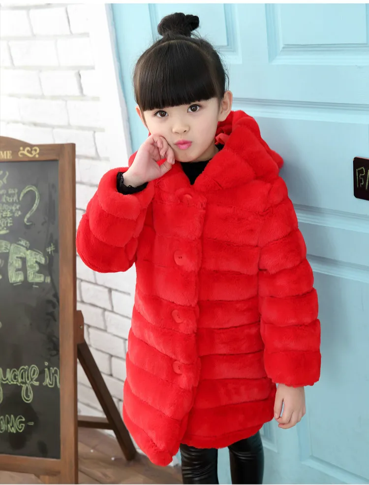 Детское пальто с искусственным мехом, утепленное длинное пальто с мехом для девочек, зимняя меховая куртка принцессы с кроличьим мехом