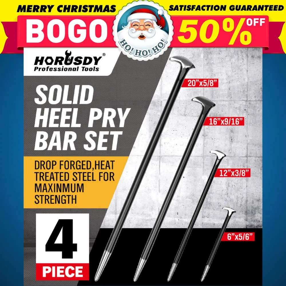 

HORUSDY 4Pcs Crowbars Pry Bar Set Round Rod Crowbar Nail Puller Solid Steel Rooled Heel Bar Farm Engine Workshop 6" 13" 16" 20