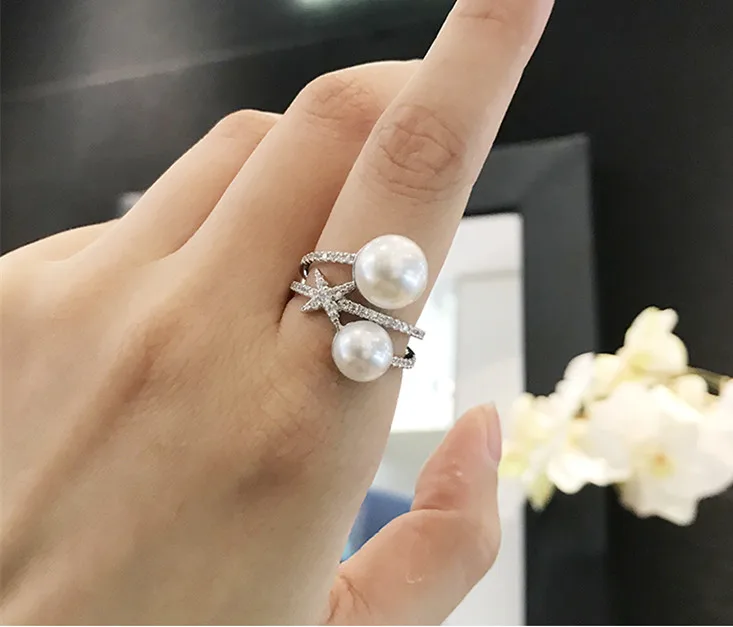 

fashion monaco jewelry double pearl ring S925 sterling silver zircon mini star finger ring wedding gift