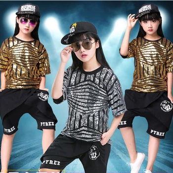 

Girls Sequin Ballroom Jazz Hip Hop Dance Competition Costume Tank Tops Shorts Loose Coats for Kid Dancing Clothing Clothes Wear