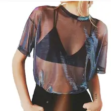 Новинка, 10 шт.,, Сетчатая футболка, прозрачные женские футболки, короткий рукав, перспективный блеск, повседневный женский топ, Женская винтажная блуза