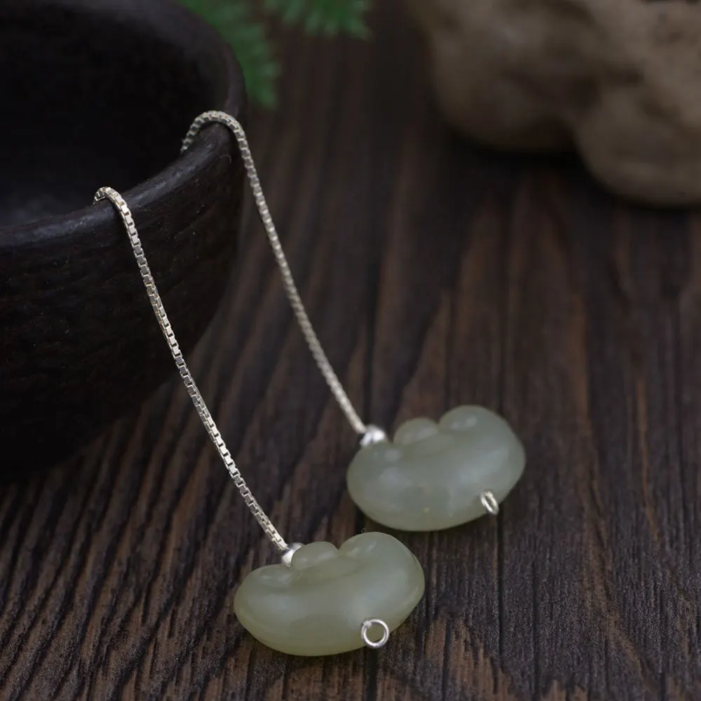 FNJ 925 Silver Hetian Jade Earrings for Women Jewelry Chinoiserie