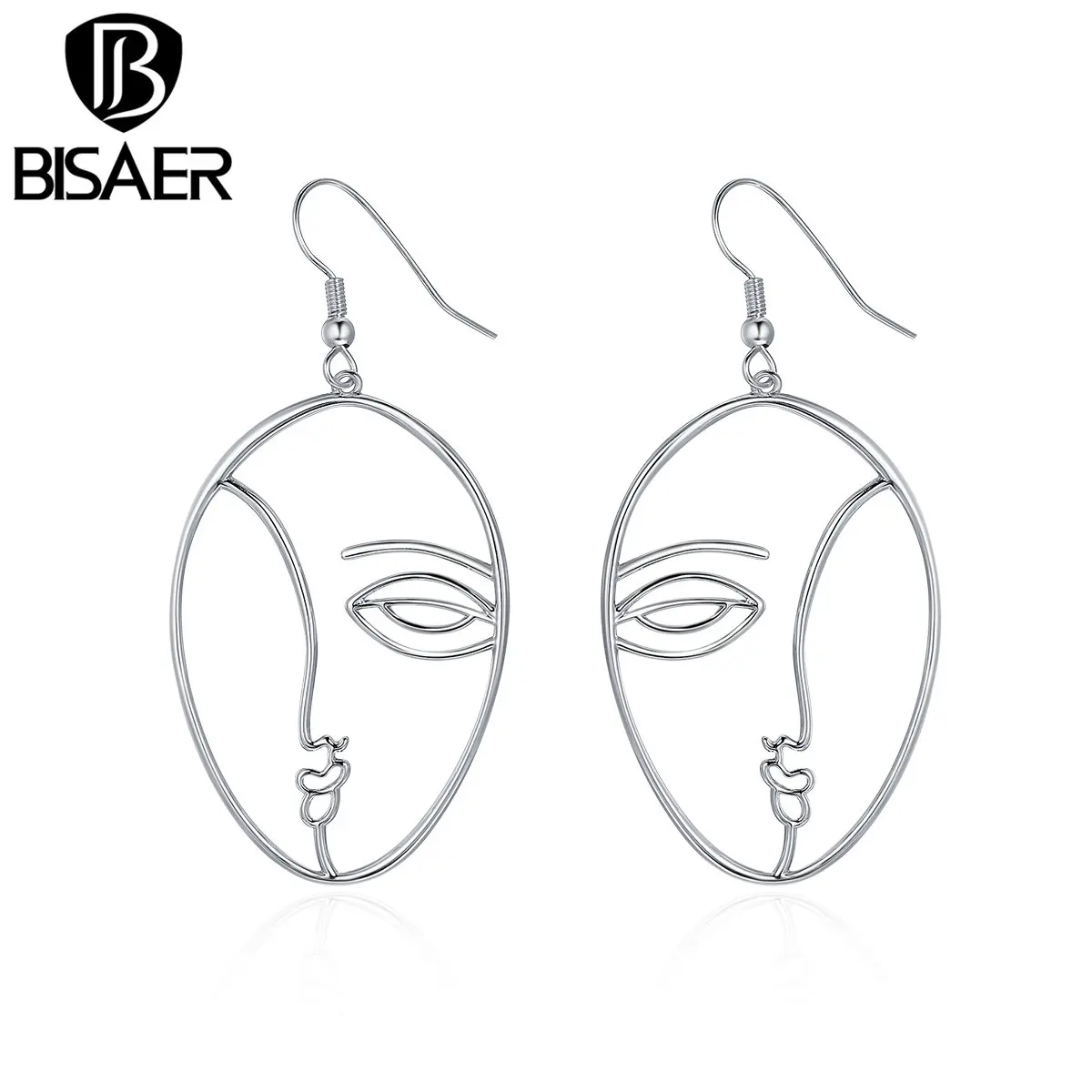 

BISAER Popular Silver Color Abstract Face Hyperbole Dangle Drop Earrings for Women Fashion Earrings Jewelry brincos GSE112