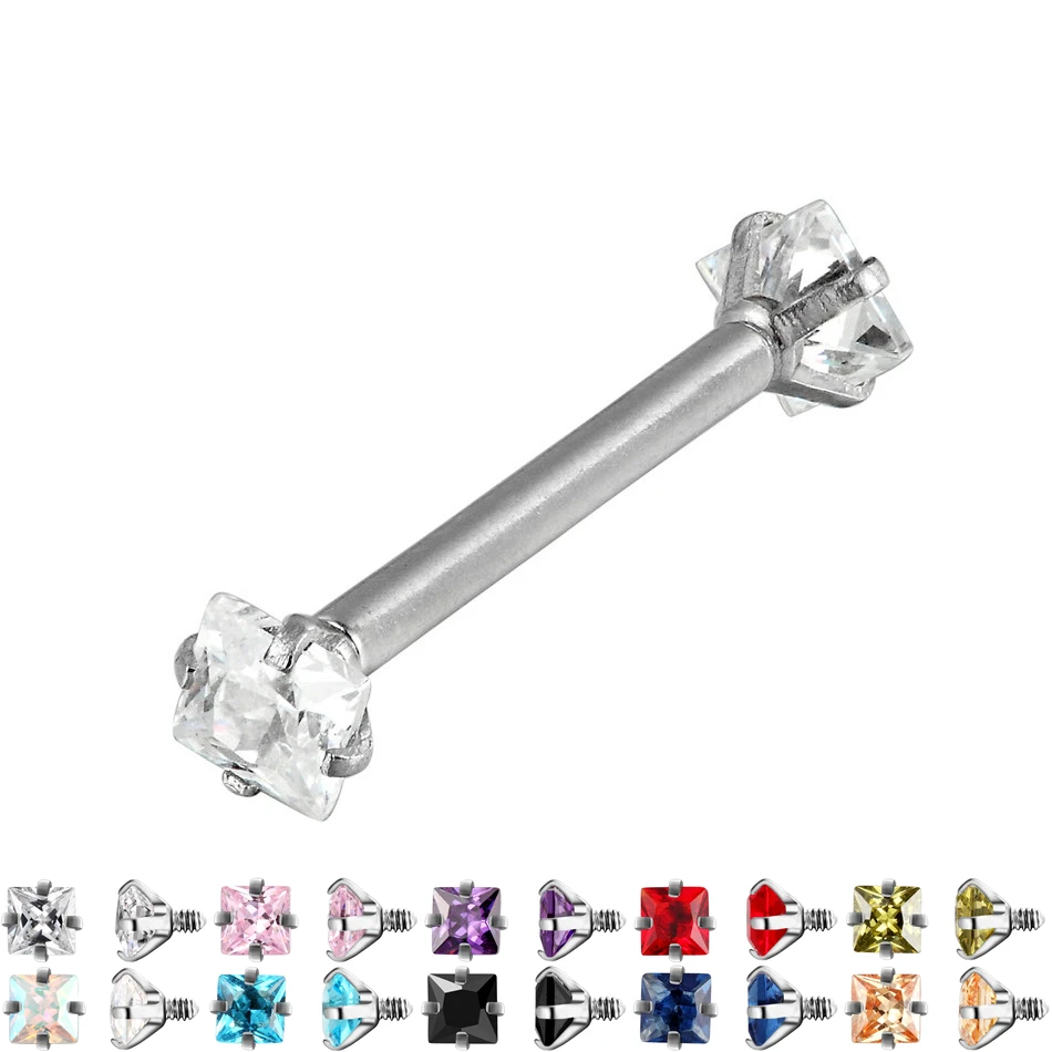 G23titan 10 Colors Square Zircon Surgical Steel Internally Thread Barbell Nipple Rings Ear