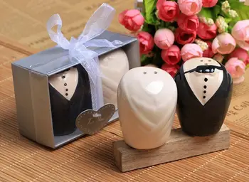 

10 Sets Black Groom Suit & White Bridal Dress Porcelain Seasoning Pot Salt Pepper Jar For Wedding Party Birthday Favor Gift