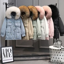 Fitaylor, зимние куртки для женщин, белый утиный пух, большой натуральный мех енота, пальто с капюшоном, парки, женский пояс, завязывается, зимняя верхняя одежда