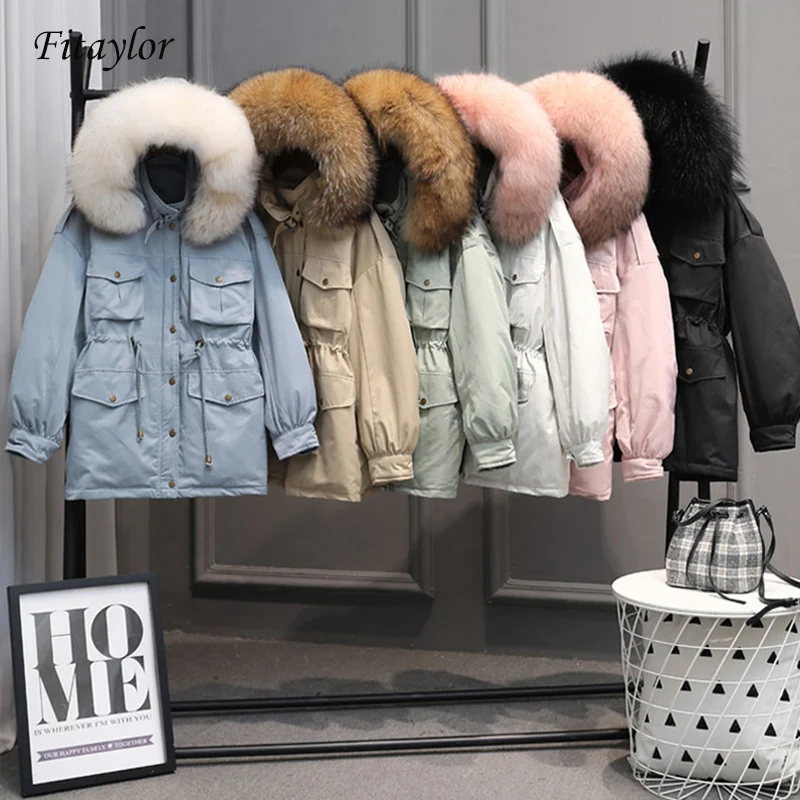 Kopen Fitaylor Winter Jassen Vrouwen Witte Eendendons Grote Natuurlijke Wasbeer Bontjas Hooded Parka Vrouwelijke Sash Tie Up Sneeuw Uitloper