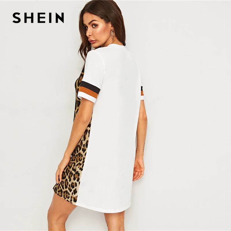 Женская туника с леопардовым принтом SHEIN летнее платье коротким рукавом и