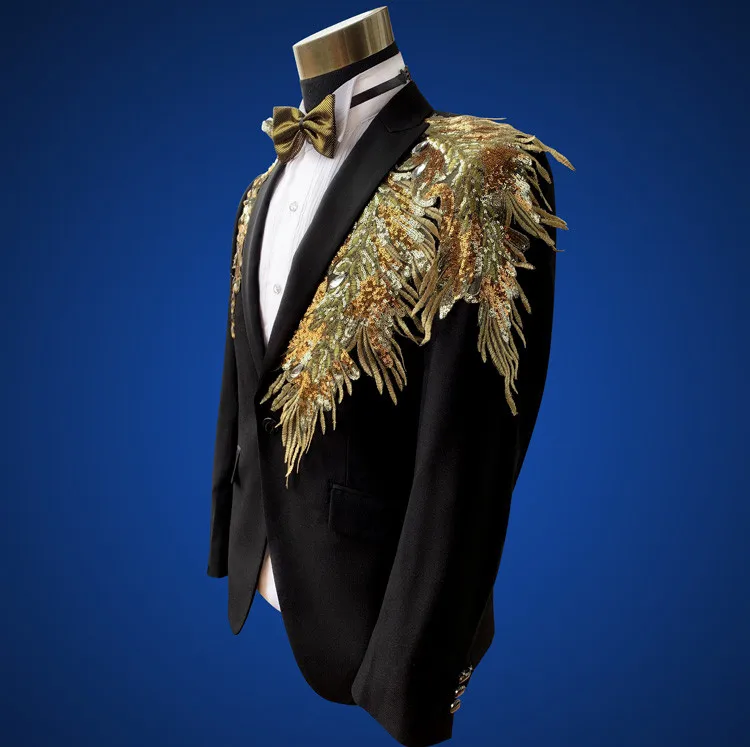 Плюс Размеры Для мужчин; золотистый и черный блейзеры с блестками костюмы для торжественных случаев одежда для свадьбы для ночного клуба