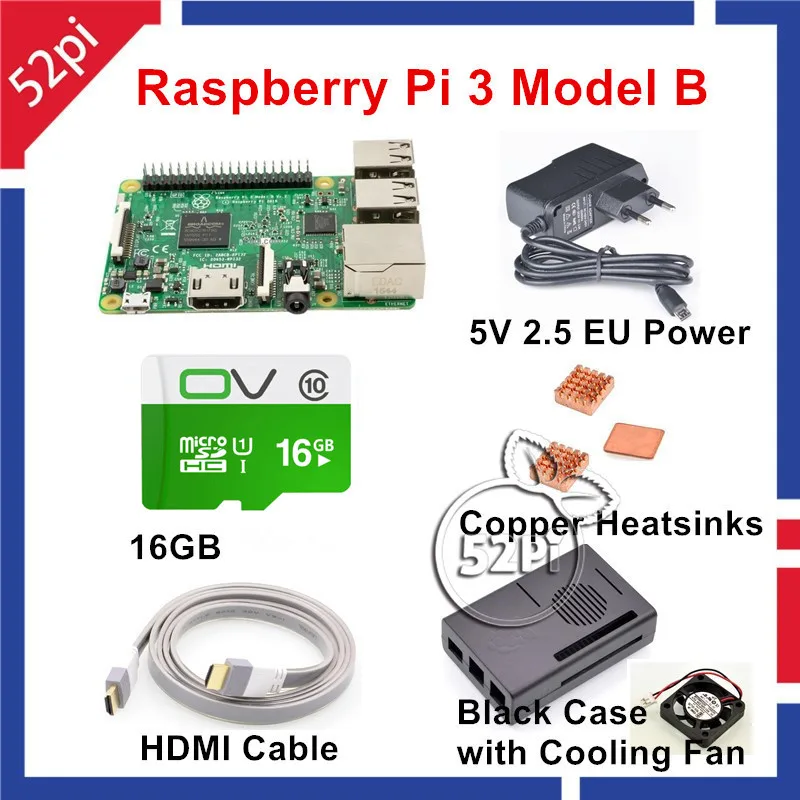 

52Pi 2017 Raspberry Pi 3 Model B Starter Kit with EU/US/UK Power Adapter+Case+Cooling Fan+16GB SD Card+HDMI+Copper Heatsinks